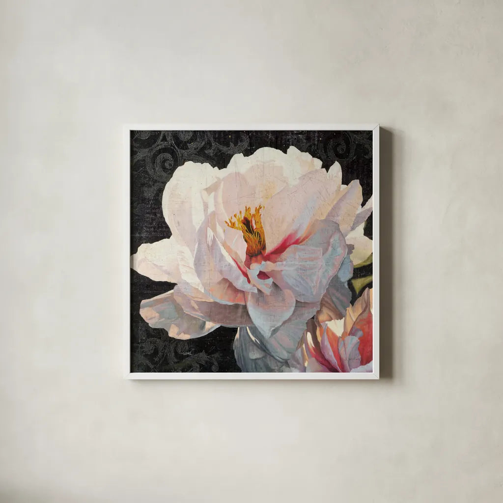 Morning Glow II Grunge Crop by James Wiens. Shown in a crisp white glass frame for a clean and minimalist style. Available as an archival giclee rolled canvas, fine art paper, or poster print. SKU 33281a.