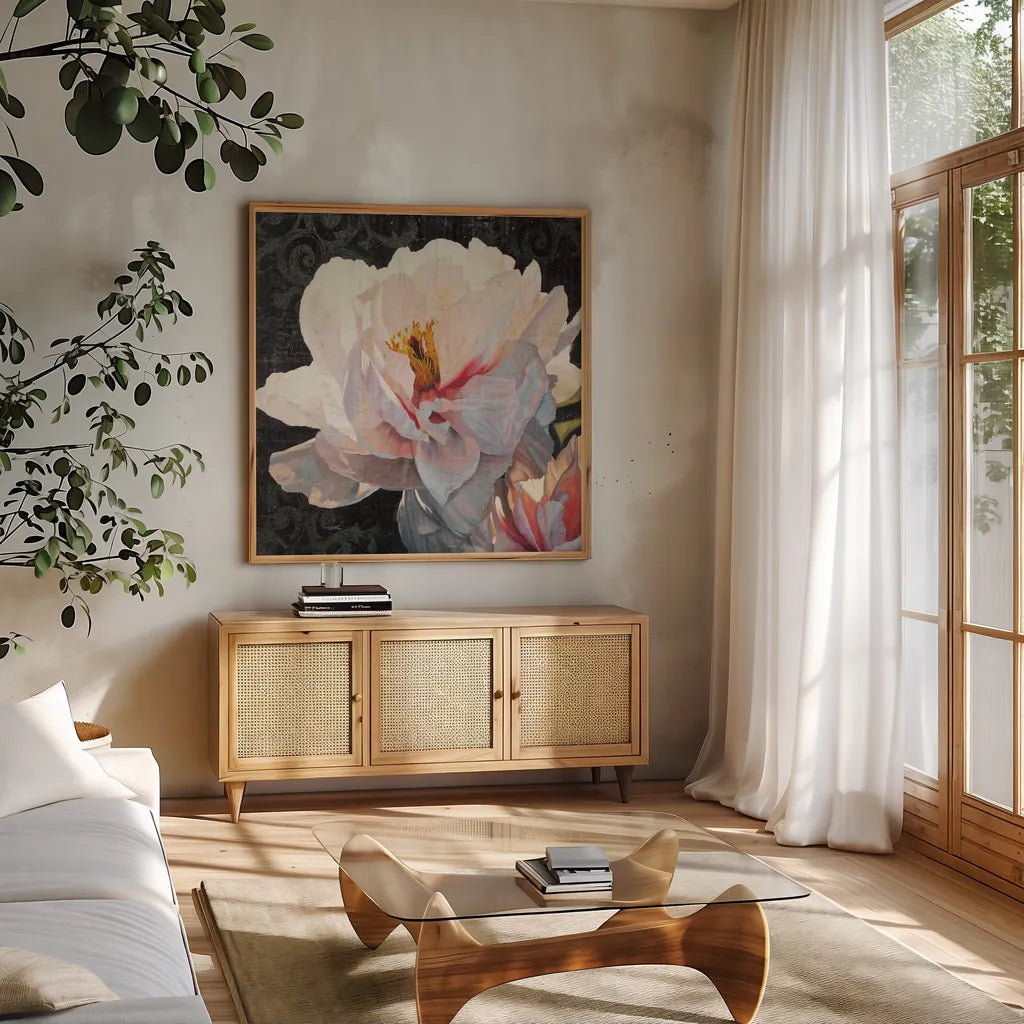 Morning Glow II Grunge Crop by James Wiens. Shown in a natural wood frame in a cozy modern living room. Available as an archival giclee rolled canvas, fine art paper, or poster print. SKU 33281a.