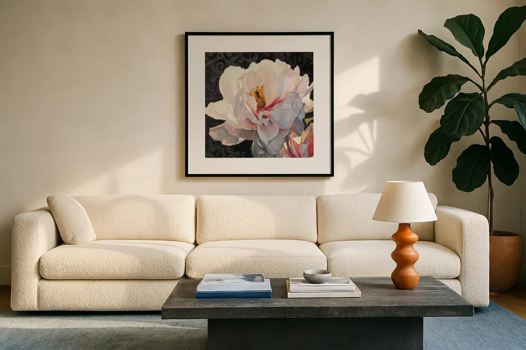 Morning Glow II Grunge Crop by James Wiens. Displayed in a glass frame with matte in a clean modern living room. Available as an archival giclee rolled canvas, fine art paper, or poster print. SKU 33281a.
