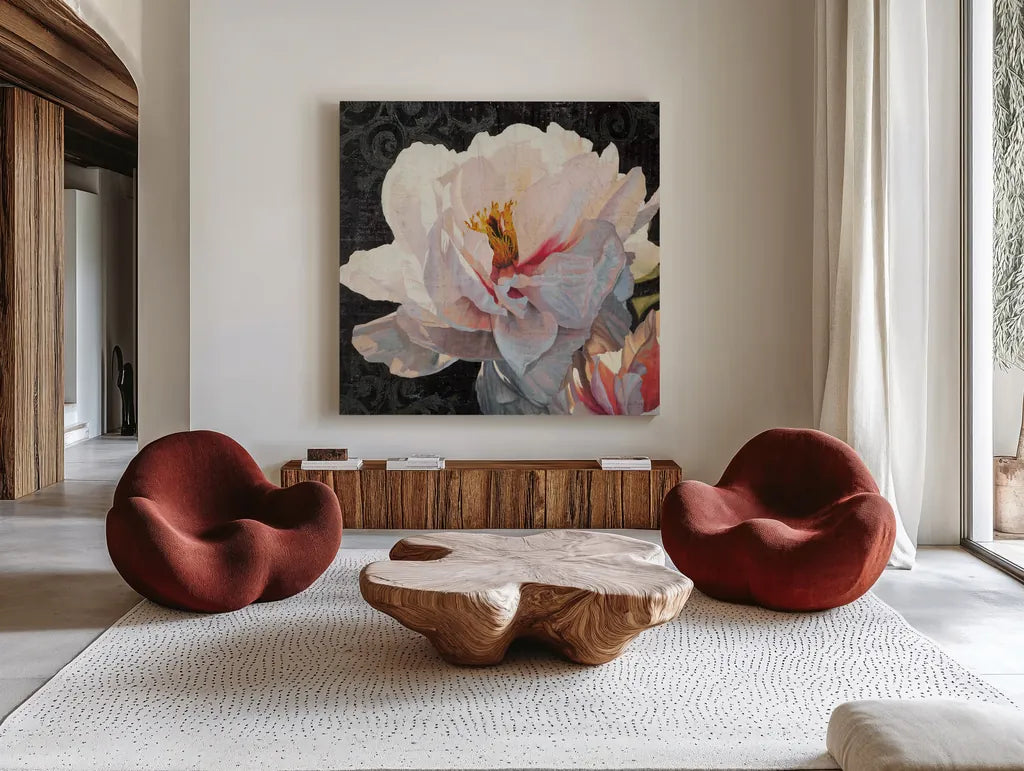 Morning Glow II Grunge Crop by James Wiens. Shown as extra-large giant wall art in a modern living room. Available as an archival giclee rolled canvas, fine art paper, or poster print. SKU 33281a.