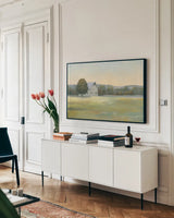 Morning Meadows II by James Wiens. shown as a framed stretched canvas in a living room above a console. Available as a archival giclee rolled canvas, fine art paper, or poster print. SKU 61490i.