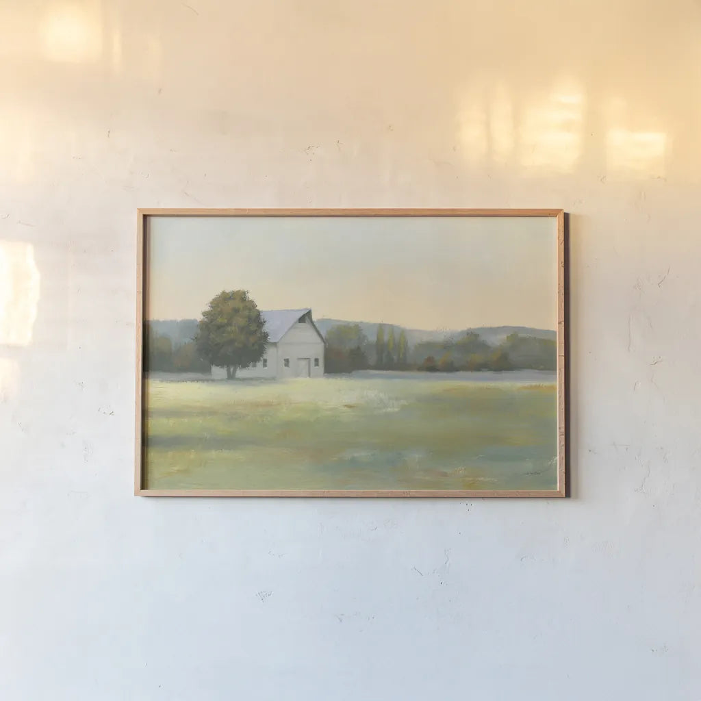 Morning Meadows II by James Wiens. shown as a paper print in a natural frame. Available as a archival giclee rolled canvas, fine art paper, or poster print. SKU 61490i.