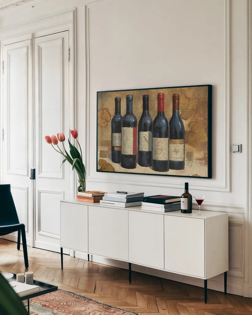 Napa Reserve Wine Crop by James Wiens. shown as a framed stretched canvas in a living room above a console. Available as a archival giclee rolled canvas, fine art paper, or poster print. SKU 33152i.
