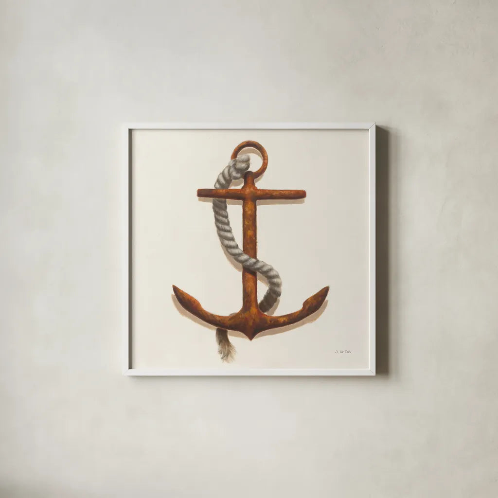 Nautical Anchor Plain by James Wiens. Shown in a crisp white glass frame for a clean and minimalist style. Available as an archival giclee rolled canvas, fine art paper, or poster print. SKU 33293a.