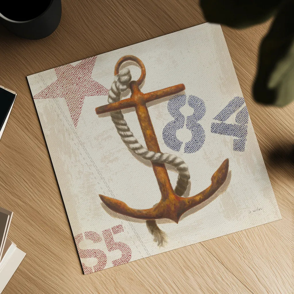 Nautical Anchor Square by James Wiens. Shown as a detailed flat fine art print, highlighting archival giclee quality. Available as an archival giclee rolled canvas, fine art paper, or poster print. SKU 18299a.