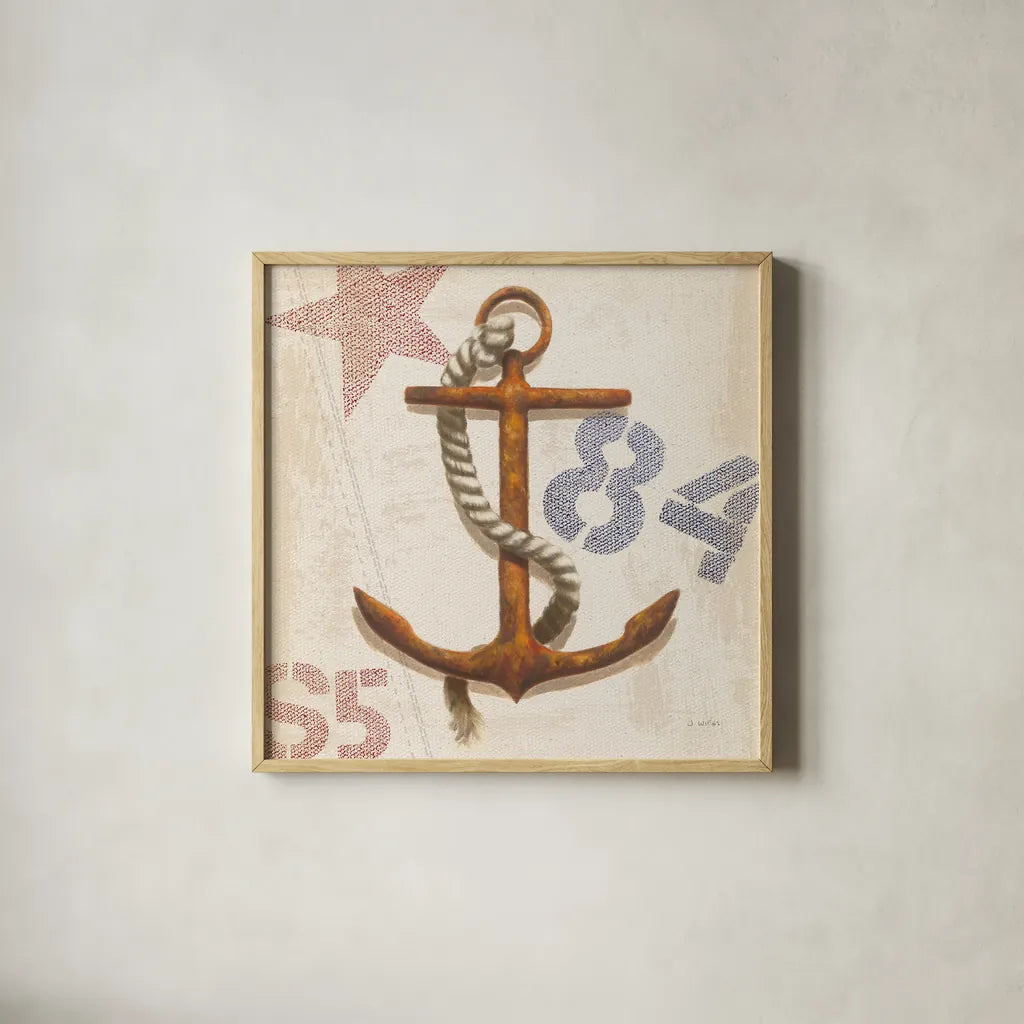 Nautical Anchor Square by James Wiens. Shown in a natural wood glass frame for a timeless modern aesthetic. Available as an archival giclee rolled canvas, fine art paper, or poster print. SKU 18299a.