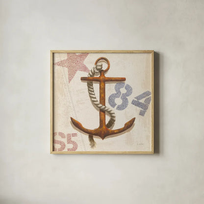 Nautical Anchor Square by James Wiens. Shown in a natural wood glass frame for a timeless modern aesthetic. Available as an archival giclee rolled canvas, fine art paper, or poster print. SKU 18299a.