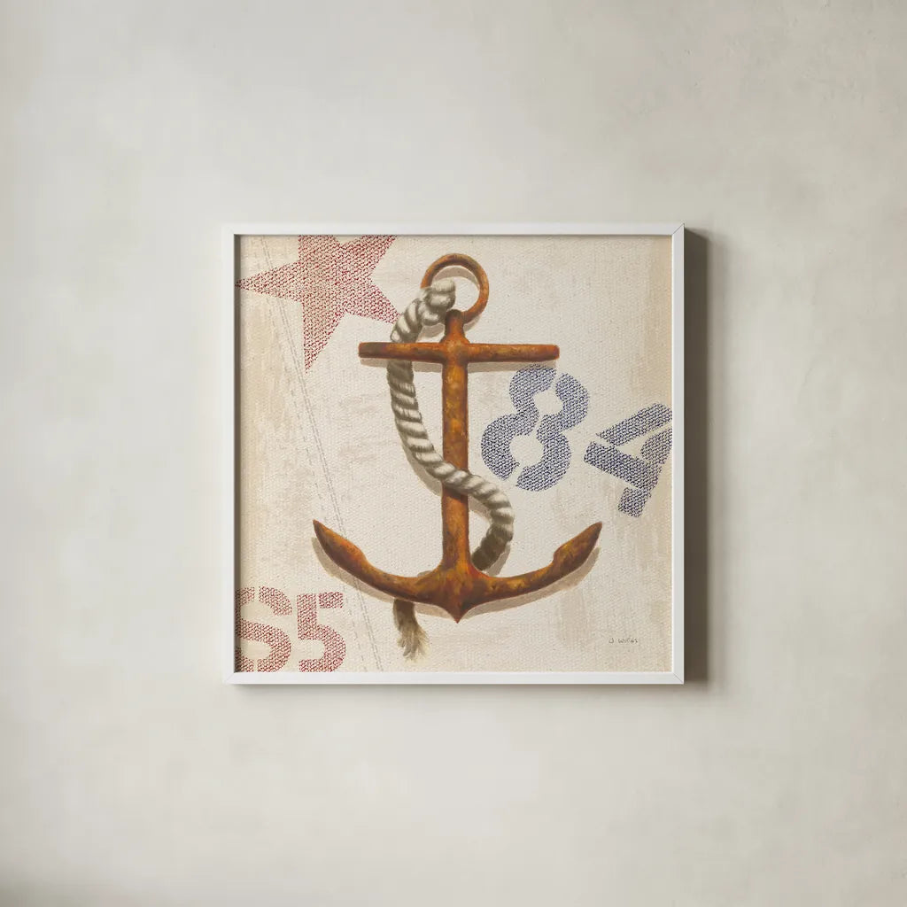 Nautical Anchor Square by James Wiens. Shown in a crisp white glass frame for a clean and minimalist style. Available as an archival giclee rolled canvas, fine art paper, or poster print. SKU 18299a.