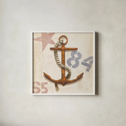 Nautical Anchor Square by James Wiens. Shown in a crisp white glass frame for a clean and minimalist style. Available as an archival giclee rolled canvas, fine art paper, or poster print. SKU 18299a.