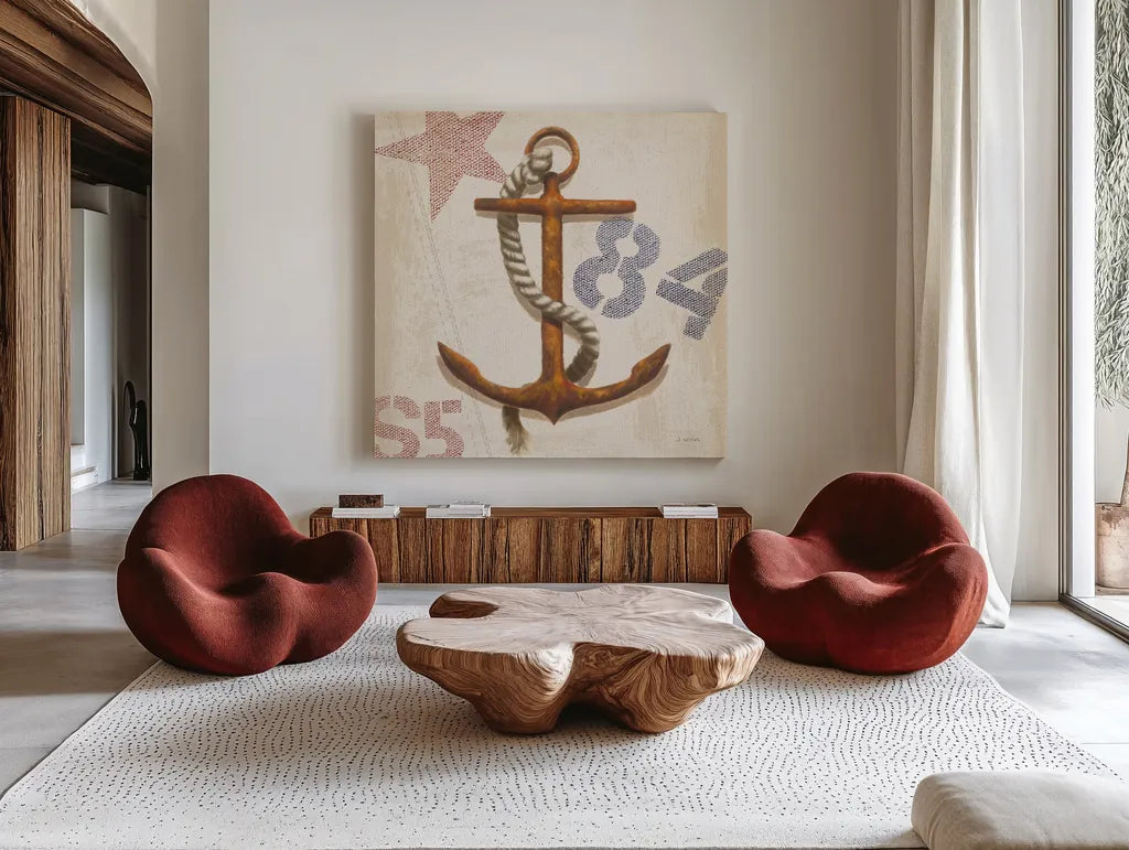 Nautical Anchor Square by James Wiens. Shown as extra-large giant wall art in a modern living room. Available as an archival giclee rolled canvas, fine art paper, or poster print. SKU 18299a.