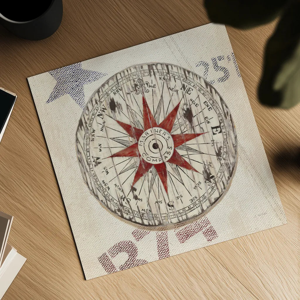 Nautical Compass by James Wiens. Shown as a detailed flat fine art print, highlighting archival giclee quality. Available as an archival giclee rolled canvas, fine art paper, or poster print. SKU 33486a.