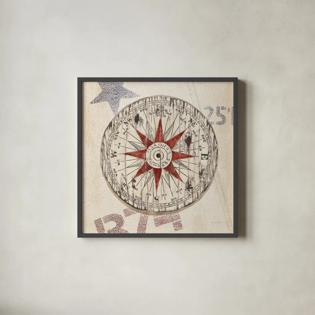 Nautical Compass by James Wiens. Shown in a sleek black glass frame for a contemporary gallery look. Available as an archival giclee rolled canvas, fine art paper, or poster print. SKU 33486a.
