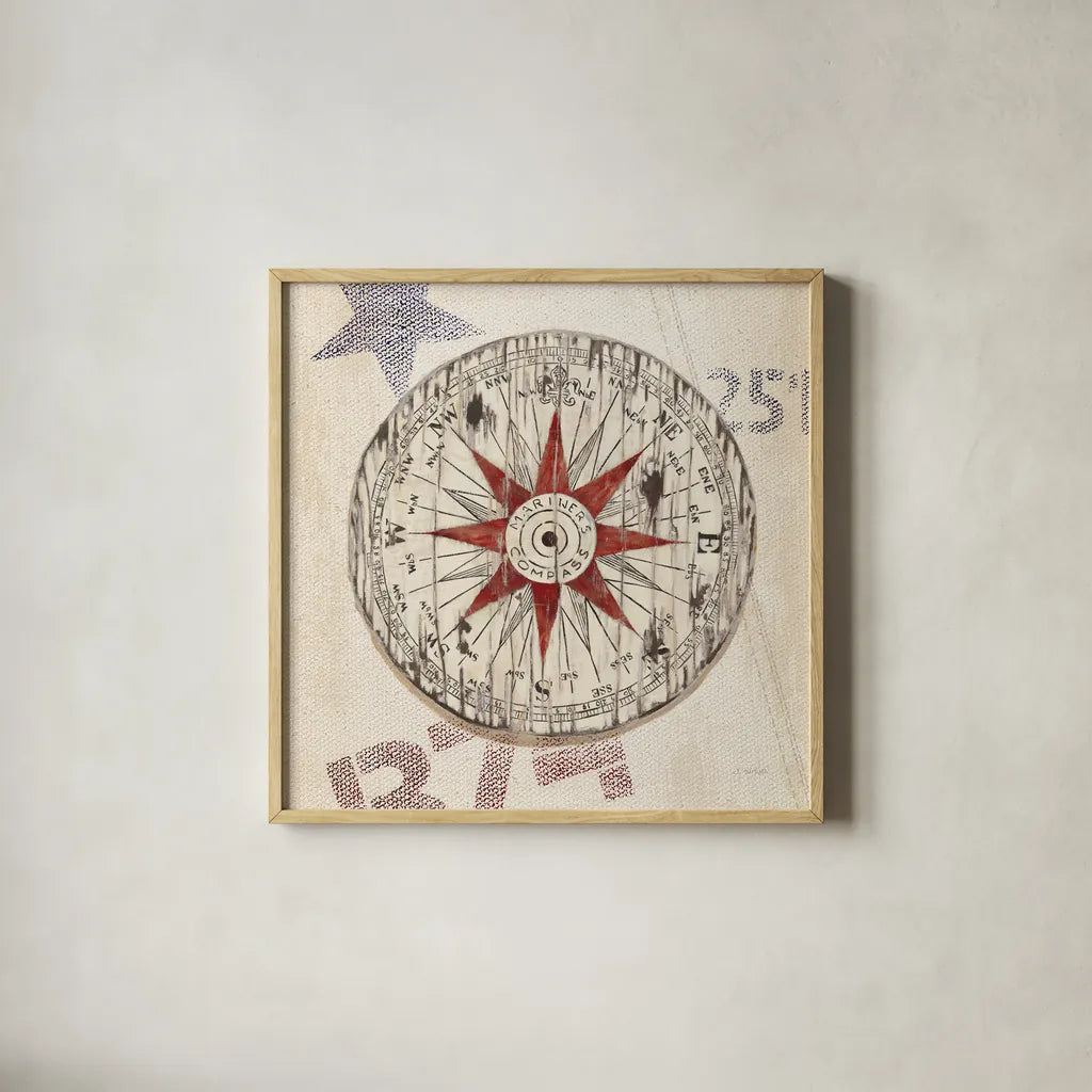 Nautical Compass by James Wiens. Shown in a natural wood glass frame for a timeless modern aesthetic. Available as an archival giclee rolled canvas, fine art paper, or poster print. SKU 33486a.