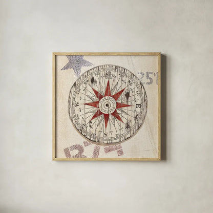 Nautical Compass by James Wiens. Shown in a natural wood glass frame for a timeless modern aesthetic. Available as an archival giclee rolled canvas, fine art paper, or poster print. SKU 33486a.