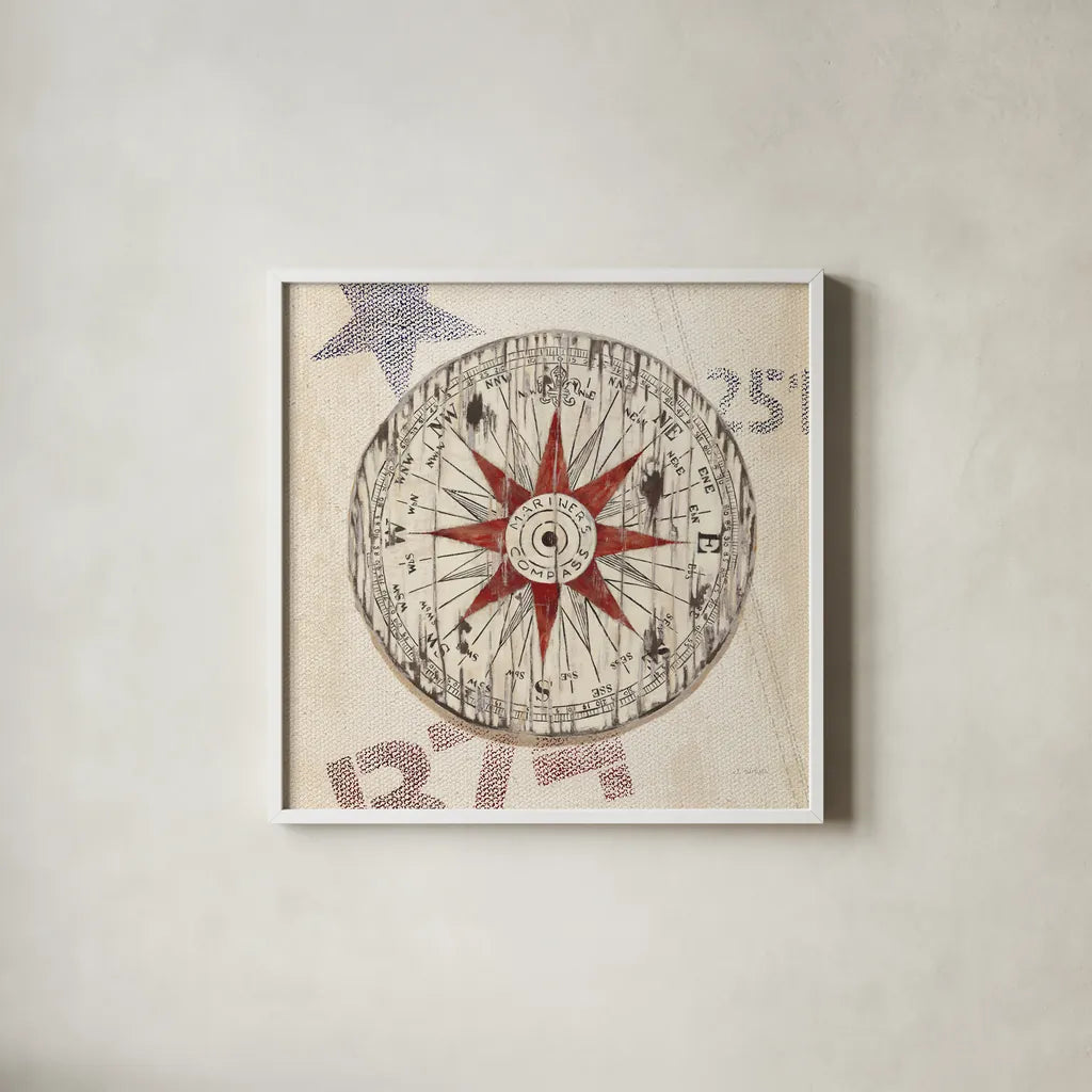 Nautical Compass by James Wiens. Shown in a crisp white glass frame for a clean and minimalist style. Available as an archival giclee rolled canvas, fine art paper, or poster print. SKU 33486a.