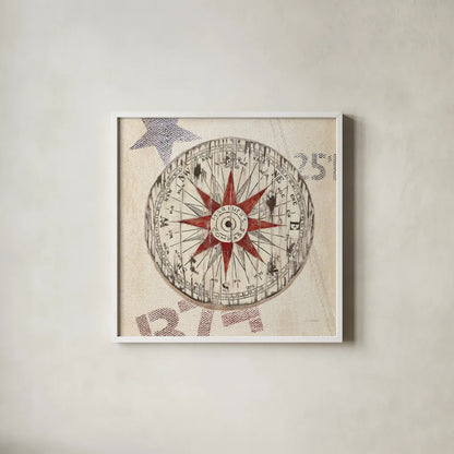 Nautical Compass by James Wiens. Shown in a crisp white glass frame for a clean and minimalist style. Available as an archival giclee rolled canvas, fine art paper, or poster print. SKU 33486a.