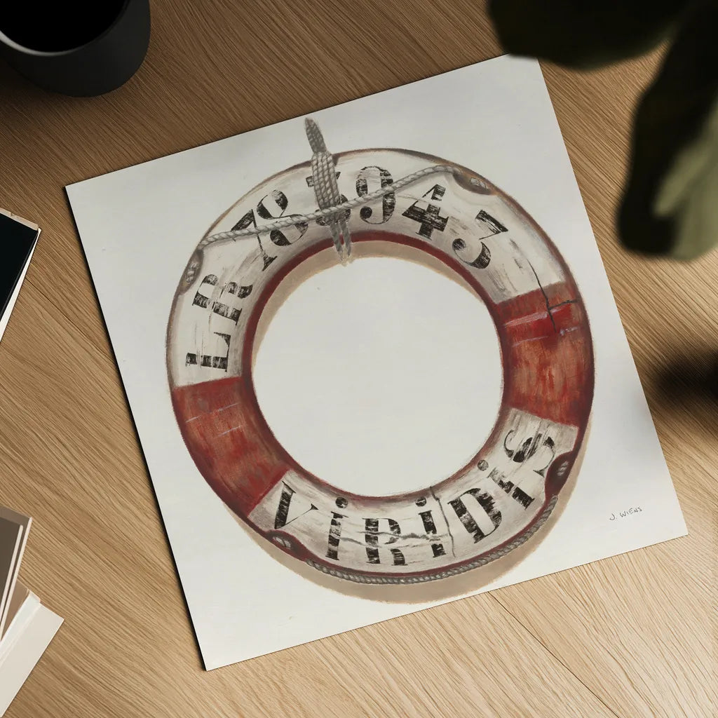 Nautical Lifebuoy Plain by James Wiens. Shown as a detailed flat fine art print, highlighting archival giclee quality. Available as an archival giclee rolled canvas, fine art paper, or poster print. SKU 33291a.