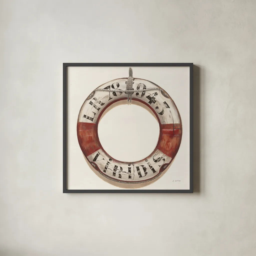 Nautical Lifebuoy Plain by James Wiens. Shown in a sleek black glass frame for a contemporary gallery look. Available as an archival giclee rolled canvas, fine art paper, or poster print. SKU 33291a.