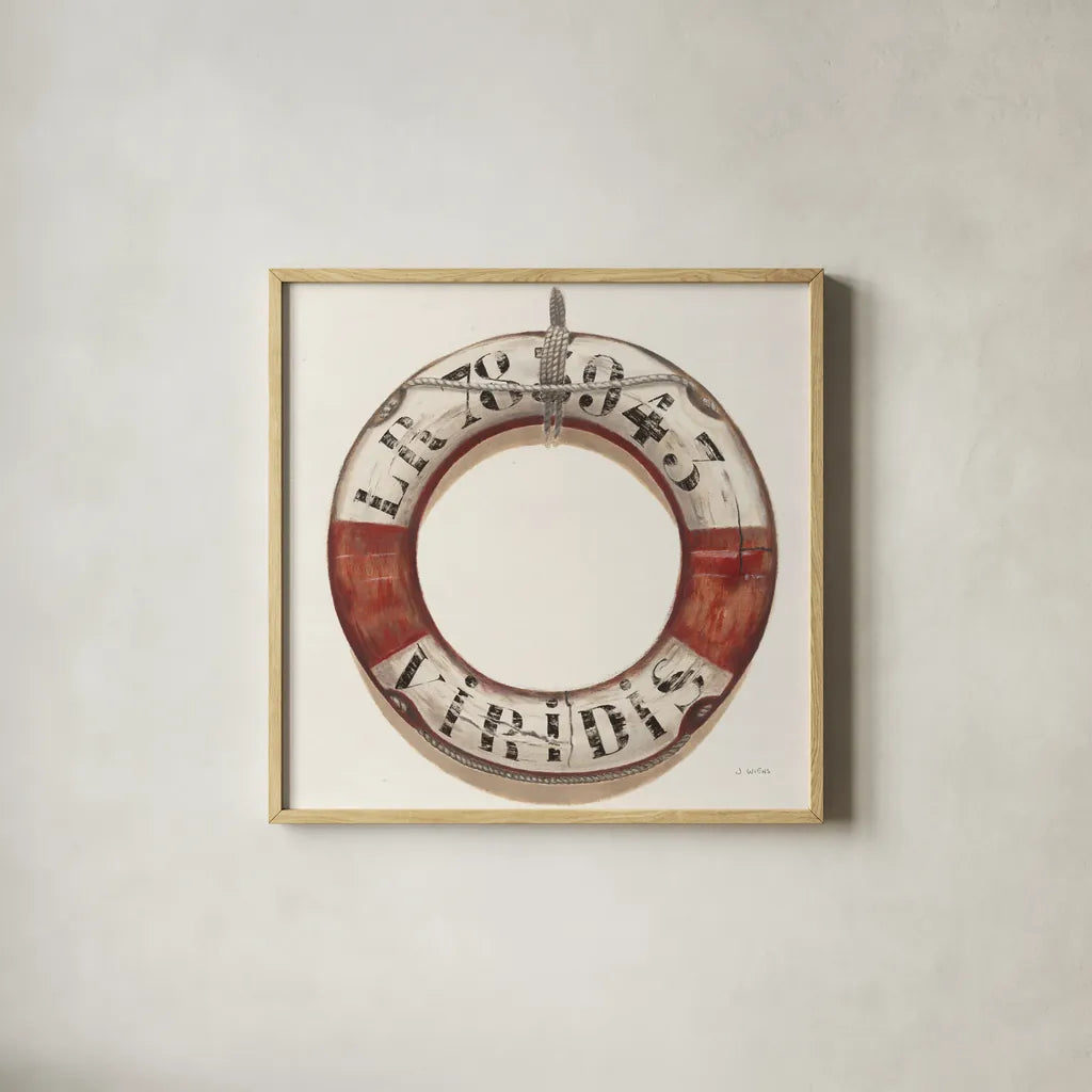 Nautical Lifebuoy Plain by James Wiens. Shown in a natural wood glass frame for a timeless modern aesthetic. Available as an archival giclee rolled canvas, fine art paper, or poster print. SKU 33291a.