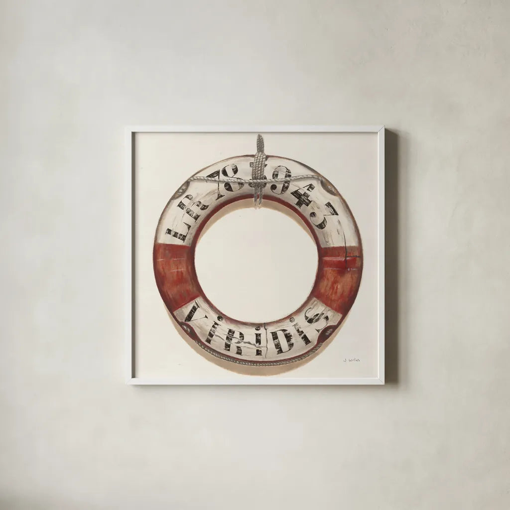 Nautical Lifebuoy Plain by James Wiens. Shown in a crisp white glass frame for a clean and minimalist style. Available as an archival giclee rolled canvas, fine art paper, or poster print. SKU 33291a.