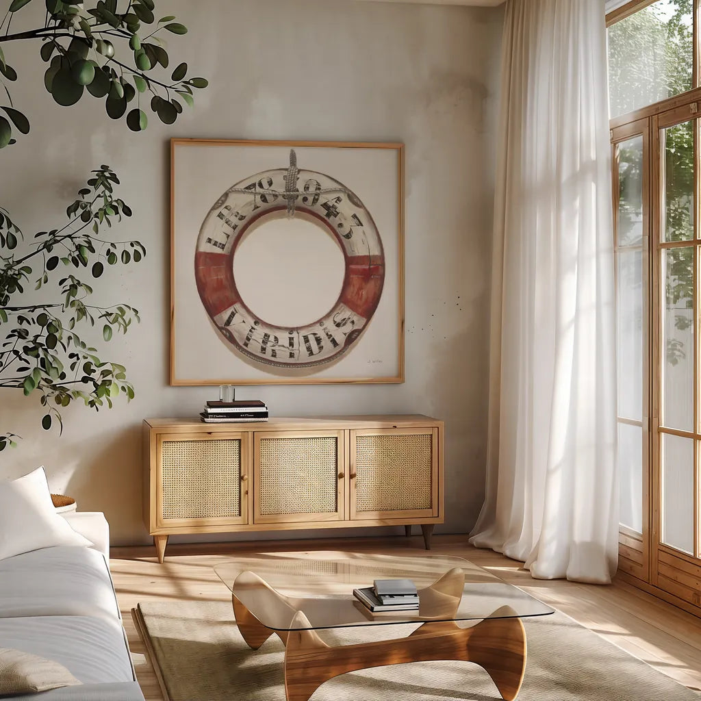 Nautical Lifebuoy Plain by James Wiens. Shown in a natural wood frame in a cozy modern living room. Available as an archival giclee rolled canvas, fine art paper, or poster print. SKU 33291a.
