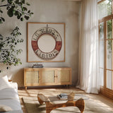Nautical Lifebuoy Plain by James Wiens. Shown in a natural wood frame in a cozy modern living room. Available as an archival giclee rolled canvas, fine art paper, or poster print. SKU 33291a.