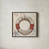 Nautical Lifebuoy Square by James Wiens. Shown in a sleek black glass frame for a contemporary gallery look. Available as an archival giclee rolled canvas, fine art paper, or poster print. SKU 28701a.
