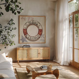 Nautical Lifebuoy Square by James Wiens. Shown in a natural wood frame in a cozy modern living room. Available as an archival giclee rolled canvas, fine art paper, or poster print. SKU 28701a.