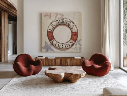 Nautical Lifebuoy Square by James Wiens. Shown as extra-large giant wall art in a modern living room. Available as an archival giclee rolled canvas, fine art paper, or poster print. SKU 28701a.