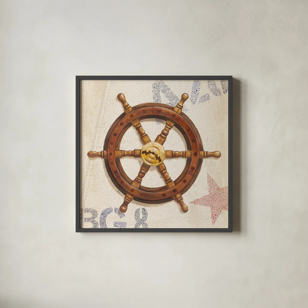 Nautical Wheel by James Wiens. Shown in a sleek black glass frame for a contemporary gallery look. Available as an archival giclee rolled canvas, fine art paper, or poster print. SKU 20442a.