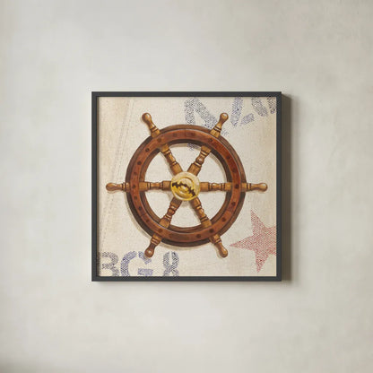 Nautical Wheel by James Wiens. Shown in a sleek black glass frame for a contemporary gallery look. Available as an archival giclee rolled canvas, fine art paper, or poster print. SKU 20442a.