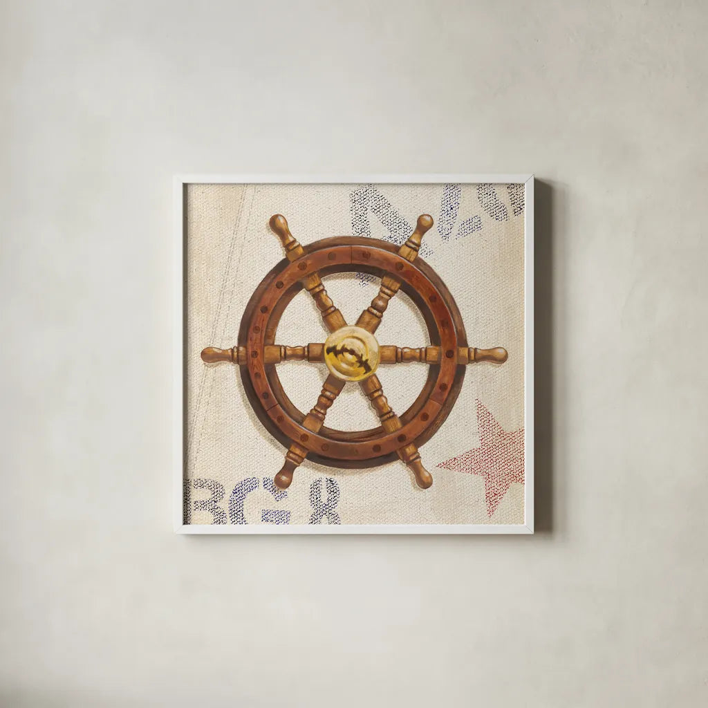 Nautical Wheel by James Wiens. Shown in a crisp white glass frame for a clean and minimalist style. Available as an archival giclee rolled canvas, fine art paper, or poster print. SKU 20442a.