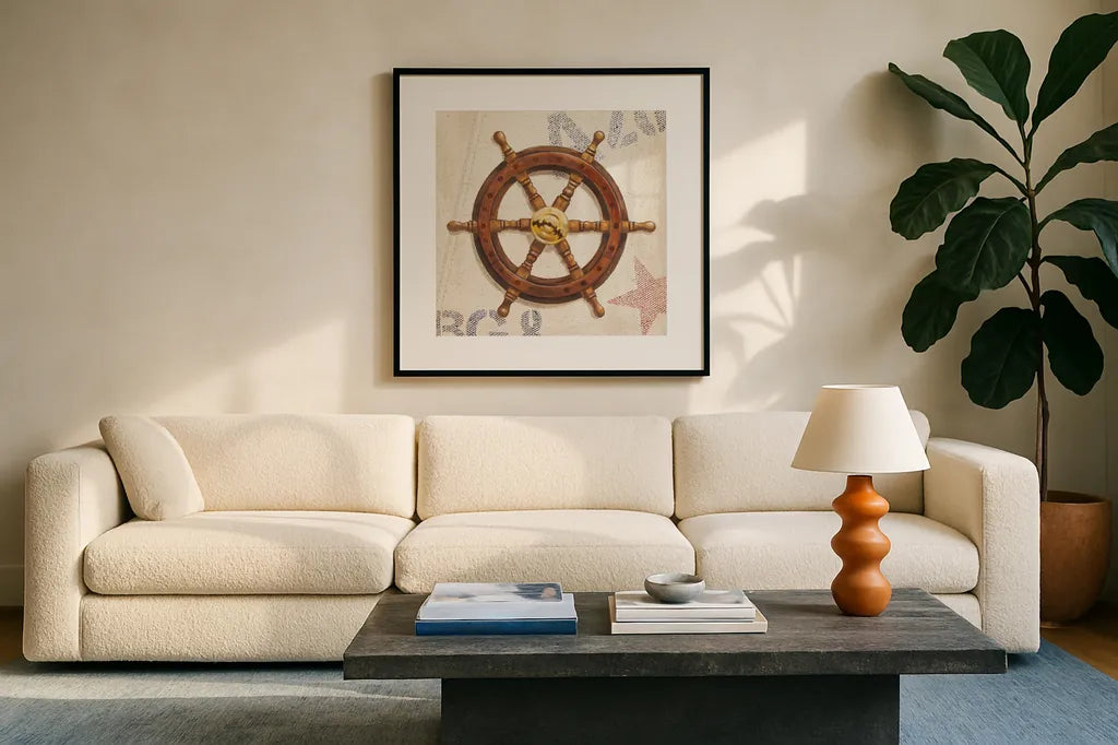 Nautical Wheel by James Wiens. Displayed in a glass frame with matte in a clean modern living room. Available as an archival giclee rolled canvas, fine art paper, or poster print. SKU 20442a.