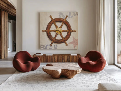 Nautical Wheel by James Wiens. Shown as extra-large giant wall art in a modern living room. Available as an archival giclee rolled canvas, fine art paper, or poster print. SKU 20442a.