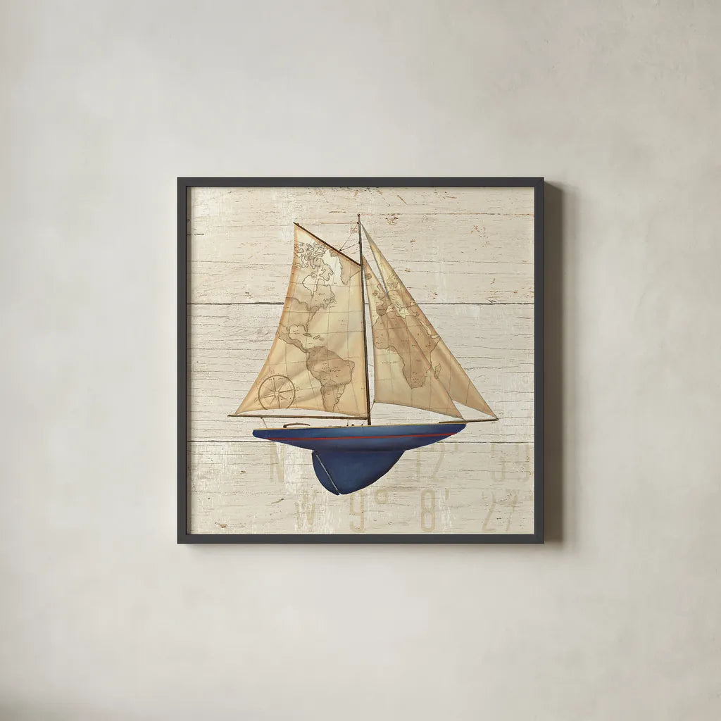 Nautique I by James Wiens. Shown in a sleek black glass frame for a contemporary gallery look. Available as an archival giclee rolled canvas, fine art paper, or poster print. SKU 21076a.