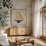 Nautique I by James Wiens. Shown in a natural wood frame in a cozy modern living room. Available as an archival giclee rolled canvas, fine art paper, or poster print. SKU 21076a.