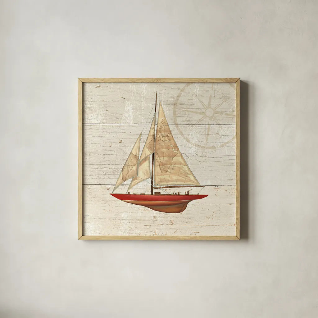 Nautique II by James Wiens. Shown in a natural wood glass frame for a timeless modern aesthetic. Available as an archival giclee rolled canvas, fine art paper, or poster print. SKU 21077a.