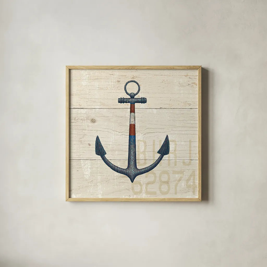 Nautique III by James Wiens. Shown in a natural wood glass frame for a timeless modern aesthetic. Available as an archival giclee rolled canvas, fine art paper, or poster print. SKU 21078a.