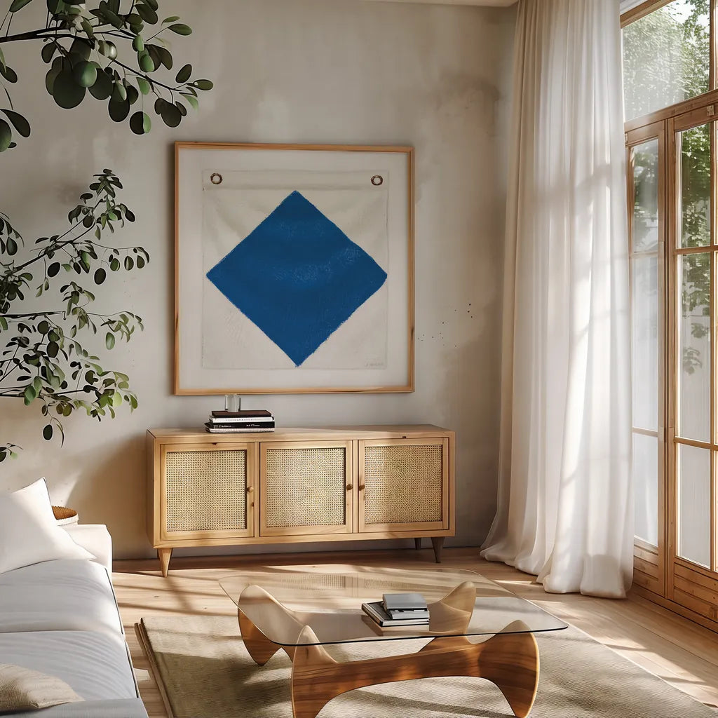 Nautique XIII Pastel by James Wiens. Shown in a natural wood frame in a cozy modern living room. Available as an archival giclee rolled canvas, fine art paper, or poster print. SKU 87938a.