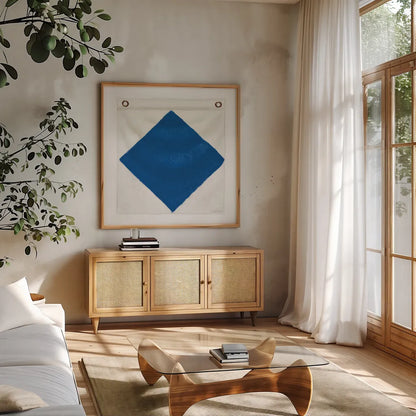 Nautique XIII Pastel by James Wiens. Shown in a natural wood frame in a cozy modern living room. Available as an archival giclee rolled canvas, fine art paper, or poster print. SKU 87938a.