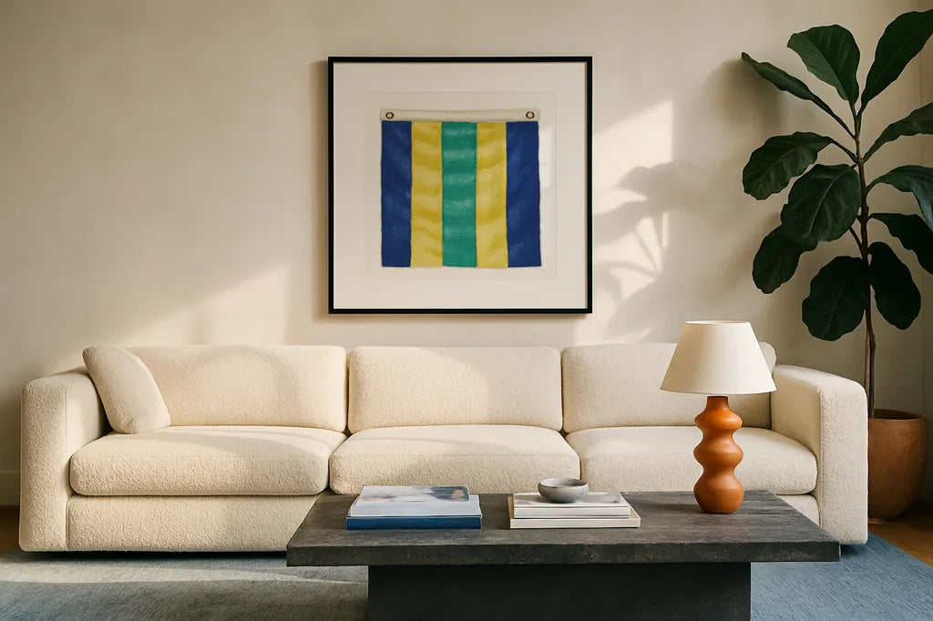 Nautique XIV by James Wiens. Displayed in a glass frame with matte in a clean modern living room. Available as an archival giclee rolled canvas, fine art paper, or poster print. SKU 51734a.
