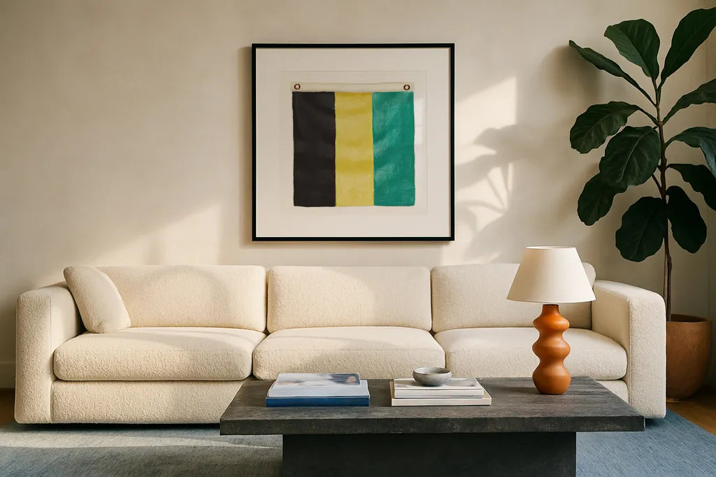 Nautique XV by James Wiens. Displayed in a glass frame with matte in a clean modern living room. Available as an archival giclee rolled canvas, fine art paper, or poster print. SKU 51735a.