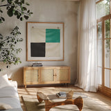 Nautique XVI by James Wiens. Shown in a natural wood frame in a cozy modern living room. Available as an archival giclee rolled canvas, fine art paper, or poster print. SKU 51736a.