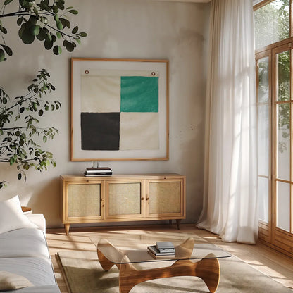 Nautique XVI by James Wiens. Shown in a natural wood frame in a cozy modern living room. Available as an archival giclee rolled canvas, fine art paper, or poster print. SKU 51736a.