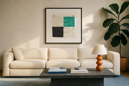 Nautique XVI by James Wiens. Displayed in a glass frame with matte in a clean modern living room. Available as an archival giclee rolled canvas, fine art paper, or poster print. SKU 51736a.