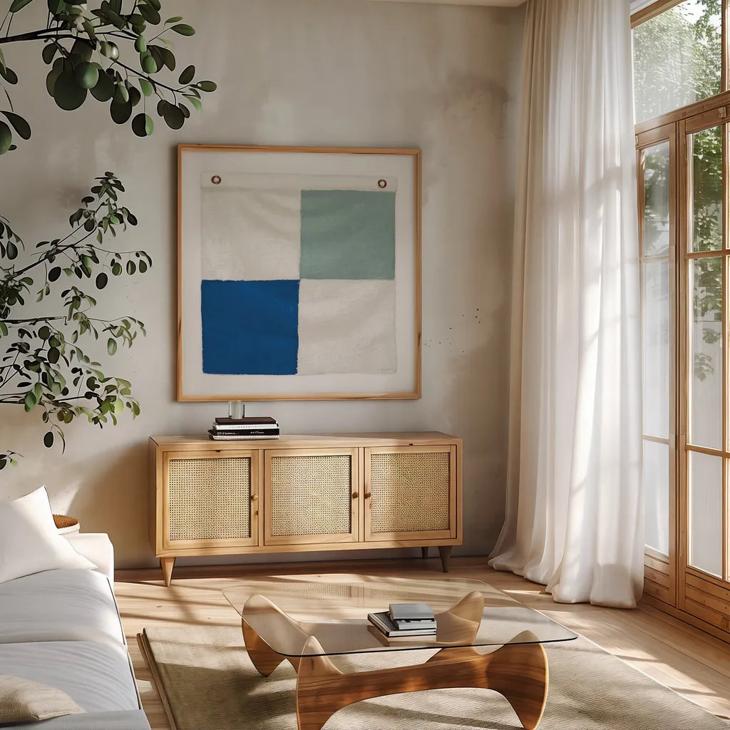 Nautique XVI Pastel by James Wiens. Shown in a natural wood frame in a cozy modern living room. Available as an archival giclee rolled canvas, fine art paper, or poster print. SKU 87940a.