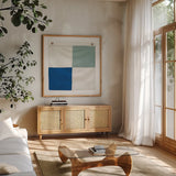 Nautique XVI Pastel by James Wiens. Shown in a natural wood frame in a cozy modern living room. Available as an archival giclee rolled canvas, fine art paper, or poster print. SKU 87940a.