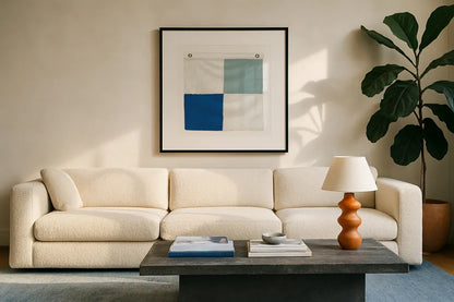 Nautique XVI Pastel by James Wiens. Displayed in a glass frame with matte in a clean modern living room. Available as an archival giclee rolled canvas, fine art paper, or poster print. SKU 87940a.