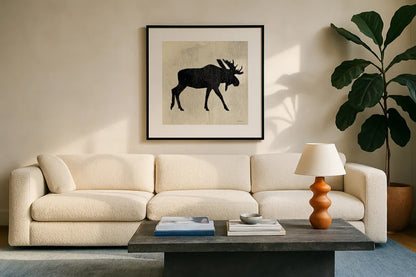 Neutral Lodge III v2 by James Wiens. Displayed in a glass frame with matte in a clean modern living room. Available as an archival giclee rolled canvas, fine art paper, or poster print. SKU 28685a.