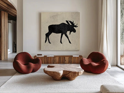 Neutral Lodge III v2 by James Wiens. Shown as extra-large giant wall art in a modern living room. Available as an archival giclee rolled canvas, fine art paper, or poster print. SKU 28685a.
